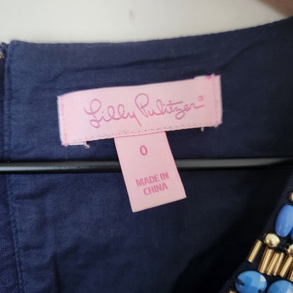 Lilly Pulitzer | Gabby 100% Cotton Beaded Shift Dress True Navy Blue - Size 0 - Picture 10 of 12